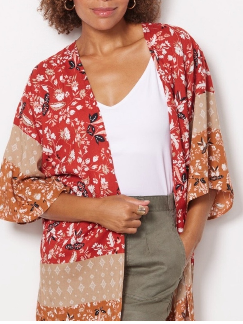 Michael Stars Tandori Paisley Floral Patchwork Kimono Cardigan in Rust & Tan